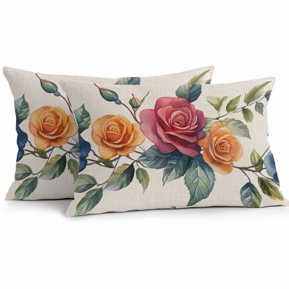 Outdoor Pillow Cover Blue Red Orange Rose Set of 2 Waterproof Throw Pillowcases Linen Background Decorative Patio Furniture Pillows for Couch Garden Indoor & Outdoor Use
