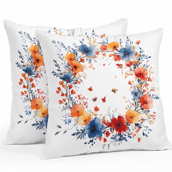 Outdoor Pillow Cover Colorful Flower Butterfly Set of 2 Waterproof Throw Pillowcases Watercolor Wreath Decorative Patio Furniture Pillows for Couch Garden Indoor & Outdoor Use