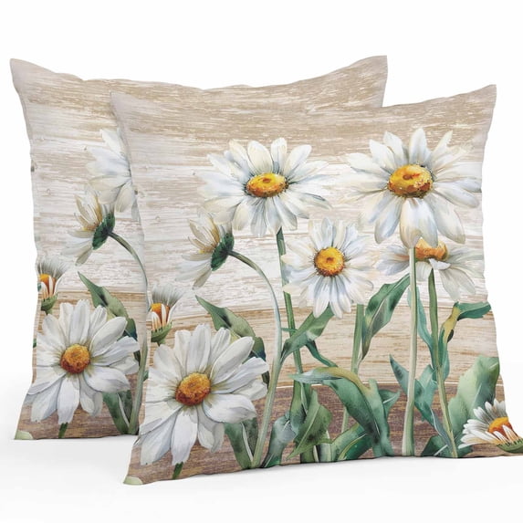 Outdoor Pillow Cover Daisy Floral Set of 2 Waterproof Throw Pillowcases Rustic Flower Wood Grain Decorative Patio Furniture Pillows for Couch Garden Indoor & Outdoor Use