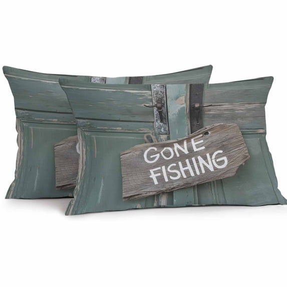 Outdoor Pillow Cover Go Fishing Set of 2 Waterproof Throw Pillowcases Vintage Country Wooden Door Decorative Patio Furniture Pillows for Couch Garden Indoor & Outdoor Use