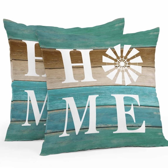 Outdoor Pillow Cover Home Wood Grain Set of 2 Waterproof Throw Pillowcases Brown Blue Farmhouse Wooden Decorative Patio Furniture Pillows for Couch Garden Indoor & Outdoor Use