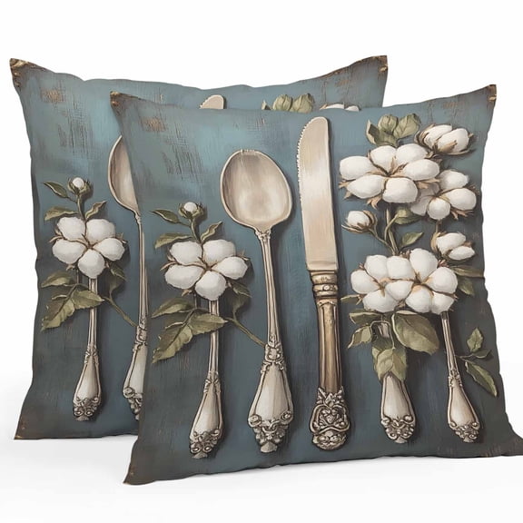 Outdoor Pillow Cover Knife Fork Cotton Set of 2 Waterproof Throw Pillowcases Vintage Floral Decorative Patio Furniture Pillows for Couch Garden Indoor & Outdoor Use