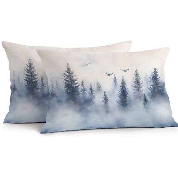 Outdoor Pillow Cover Ombre Blue Trees Forest Set of 2 Waterproof Throw Pillowcases Bird Watercolor Decorative Patio Furniture Pillows for Couch Garden Indoor & Outdoor Use