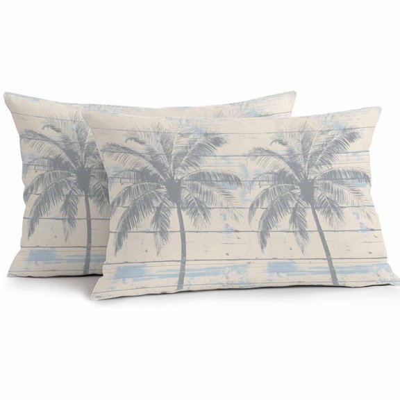 Outdoor Pillow Cover Palm Tree Hand Drawn Set of 2 Waterproof Throw Pillowcases Retro Wood Grain Decorative Patio Furniture Pillows for Couch Garden Indoor & Outdoor Use