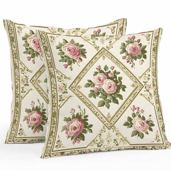Outdoor Pillow Cover Pink Rose Set of 2 Waterproof Throw Pillowcases Retro Rhombus Decorative Patio Furniture Pillows for Couch Garden Indoor & Outdoor Use