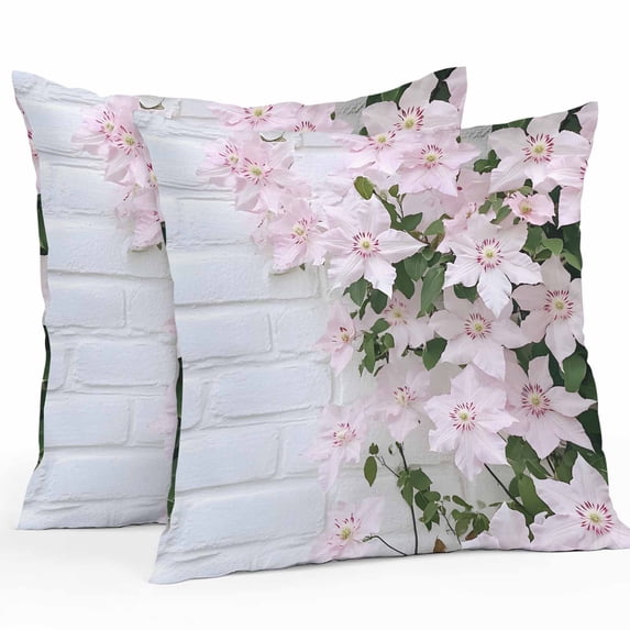 Outdoor Pillow Cover Pink White Flowers Set of 2 Waterproof Throw Pillowcases Brick Wall Grain Decorative Patio Furniture Pillows for Couch Garden Indoor & Outdoor Use