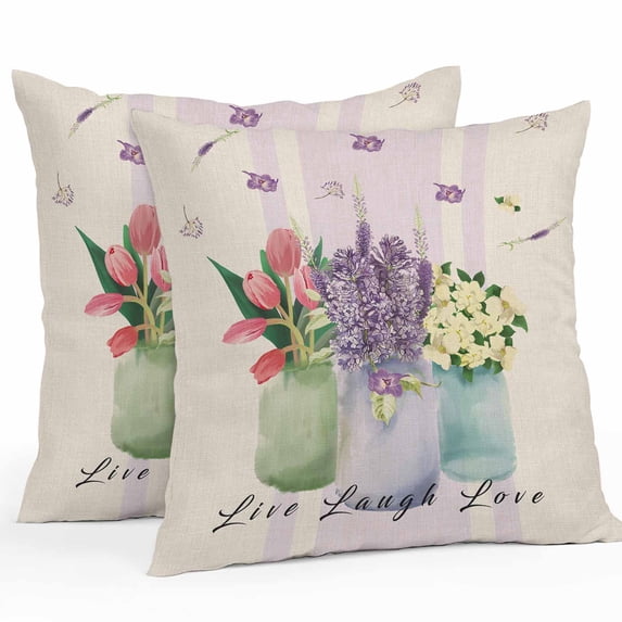 Outdoor Pillow Cover Spring Flowers Set of 2 Waterproof Throw Pillowcases Floral Tulip Lavender Jasmine Bottle Decorative Patio Furniture Pillows for Couch Garden Indoor & Outdoor Use