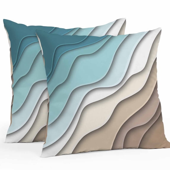 Outdoor Pillow Cover Teal Blue Modern Geometric Set of 2 Waterproof Throw Pillowcases Turquoise Brown Abstract Ocean Wave Decorative Patio Furniture Pillows for Couch Garden Indoor & Outdoor Use