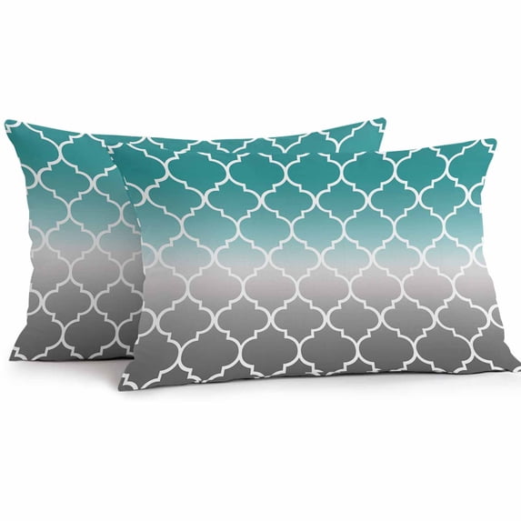 Outdoor Pillow Cover Teal Green and Gray Ombre Gradient Set of 2 Waterproof Throw Pillowcases Morocco Pattern Decorative Patio Furniture Pillows for Couch Garden Indoor & Outdoor Use