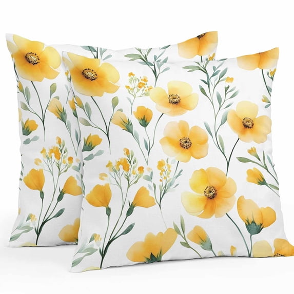 Outdoor Pillow Cover Watercolor Flower Set of 2 Waterproof Throw Pillowcases Spring Yellow Flower Decorative Patio Furniture Pillows for Couch Garden Indoor & Outdoor Use