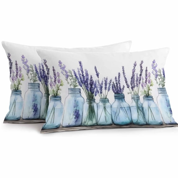 Outdoor Pillow Cover Watercolor Purple Lavender Flowers Set of 2 Waterproof Throw Pillowcases Vintage Hand Drawn Decorative Patio Furniture Pillows for Couch Garden Indoor & Outdoor Use