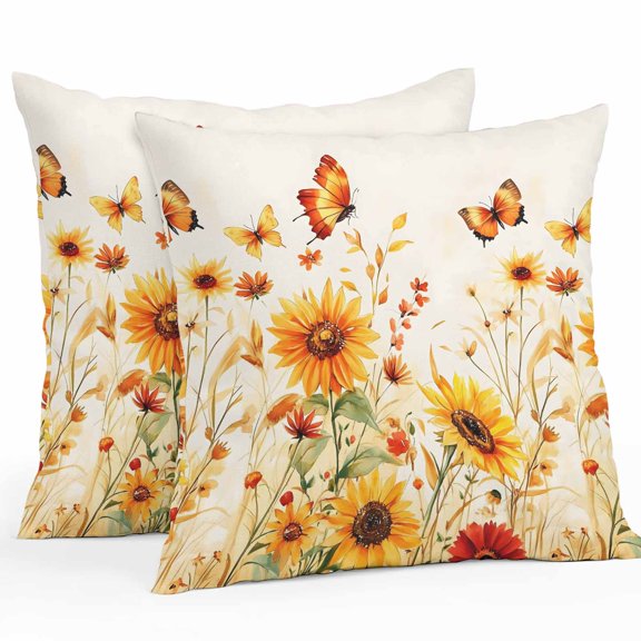Outdoor Pillow Cover Watercolor Scenery Set of 2 Waterproof Throw Pillowcases Butterfly Sunflower Decorative Patio Furniture Pillows for Couch Garden Indoor & Outdoor Use