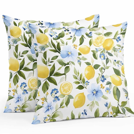 Outdoor Pillow Cover Yellow Lemon Blue Flowers Set of 2 Waterproof Throw Pillowcases Watercolor Leaf Plant Decorative Patio Furniture Pillows for Couch Garden Indoor & Outdoor Use