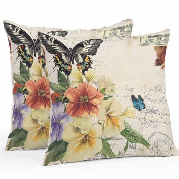 Outdoor Pillow Cover Yellow Red Flowers Butterfly Set of 2 Waterproof Throw Pillowcases Vintage Floral Decorative Patio Furniture Pillows for Couch Garden Indoor & Outdoor Use