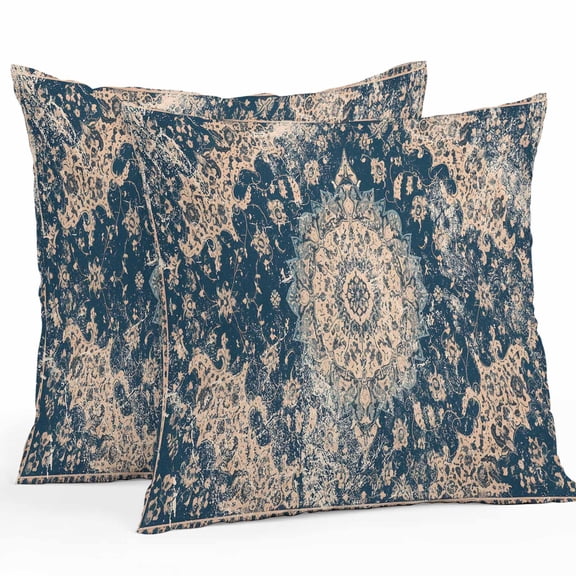 Outdoor Pillow Covers 16 x 16 Inches, Antique Oriental, Waterproof Throw Pillow Cover Set of 2, Vintage Blue Geometric Aesthetics Flower Decorative Square Cushion Covers for Patio/Tent/Couch/Garden
