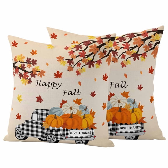 Outdoor Pillow Covers 16 x 16 Inches, Happy Fall Waterproof Throw Pillow Cover Set of 2, Thanksgiving Truck Pumpkin Maple Leaf Plaid Decorative Square Cushion Covers for Patio/Tent/Couch/Garden