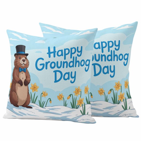 Outdoor Pillow Covers 16 x 16 Inches, Happy Groundhog Day Waterproof Throw Pillow Cover Set of 2, Cartoon Cute Ground Hog Flowers Sky Blue Decorative Square Cushion Covers for Patio/Tent/Couch/Garden