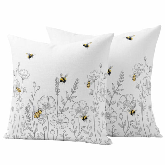 Outdoor Pillow Covers 16 x 16 Inches, Spring Flowers Waterproof Throw Pillow Cover Set of 2, Simple Botanical Floral Herbs Bees Decorative Square Cushion Covers for Patio/Tent/Couch/Garden