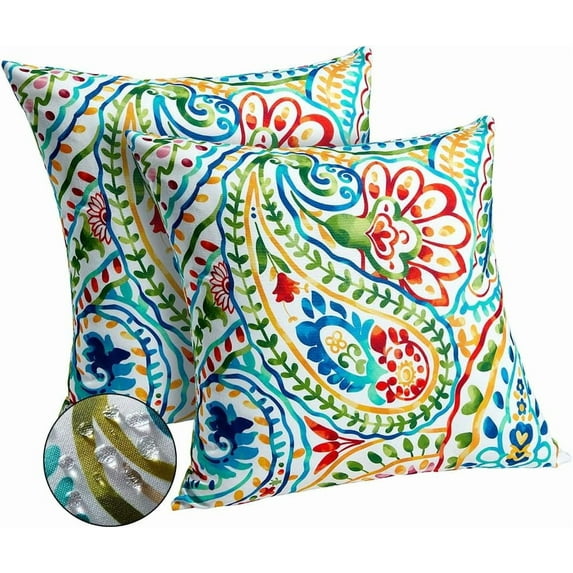 Outdoor Pillow Covers 16x16 Inch Set of 2 Colorful Paisley Decor Throw Pillow Covers Outdoor Summer Waterproof Pillow Covers Decor for Patio Funiture Garden Sofa Couch 7D