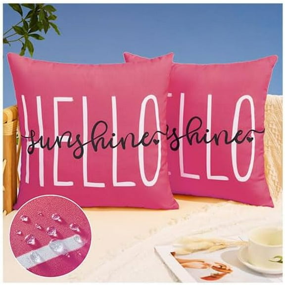 Outdoor Pillow Covers 16x16 Inch Set of 2 Hello Sunshine Decor Hot Pink Waterproof Throw Pillow Covers Summer Outdoor Waterproof Pillow Covers Decor for Patio Funiture Garden Sofa Couch 020H16