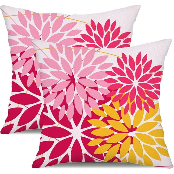 Outdoor Pillow Covers 16x16 Inch Set of 2 Pink Yellow Flower Decorative Waterproof Summer Outdoor Valentines Pillow Covers for Patio Funiture Garden Couch 168J16