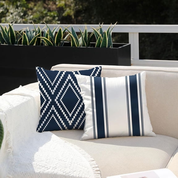 Outdoor Pillow Covers 16x16 Inch Set of 4 Navy Blue Waterproof Modern Geometry Throw Pillows Outdoor Summer Waterproof Decor for Patio Funiture Garden Polyester Cushion Covers 013N16