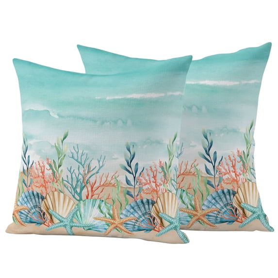 Outdoor Pillow Covers 16x16 Set of 2, Coastal Beach Waterproof Patio Throw Pillow Covers for Couch Sofa Chair, Ocean Wave Summer Sea Starfish Coral Teal Beige Decorative Pillowcases for Throw Pillows