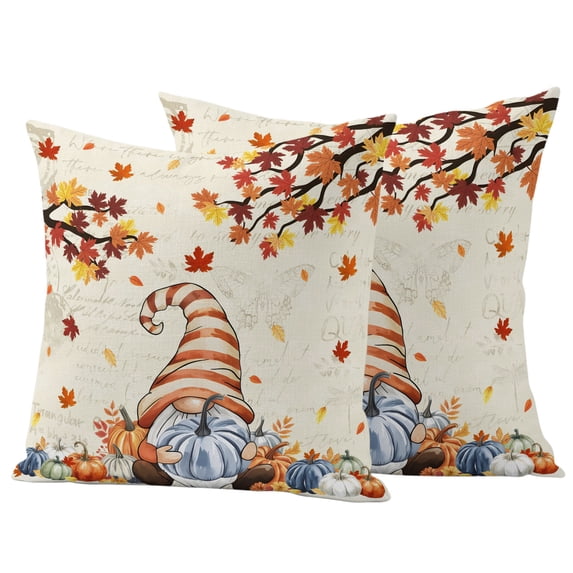 Outdoor Pillow Covers 16x16 Set of 2, Gnomes Pumpkin Fall Waterproof Patio Throw Pillow Covers for Couch Sofa Chair, Maple Leaves Thanksgiving Branches Decorative Pillowcases for Throw Pillows
