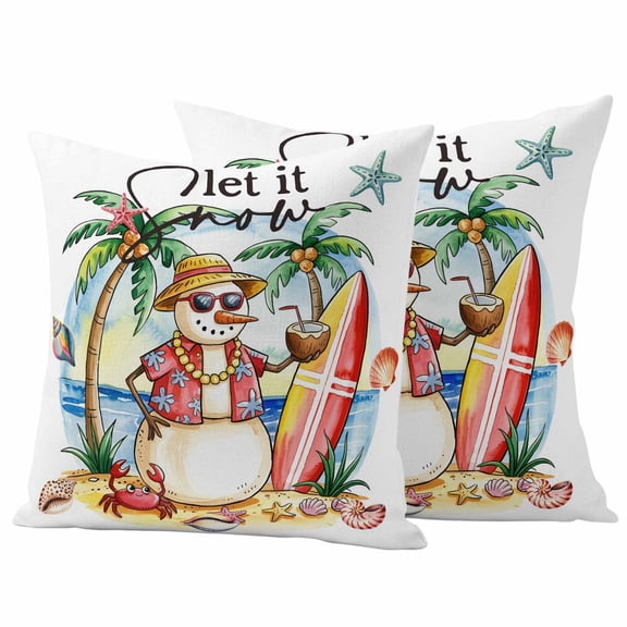 Outdoor Pillow Covers 18 x 18 Inches, Christmas Snowman Waterproof Throw Pillow Cover Set of 2, Winter Coastal Beach Palm Tree Xmas Decorative Square Cushion Covers for Patio/Tent/Couch/Garden