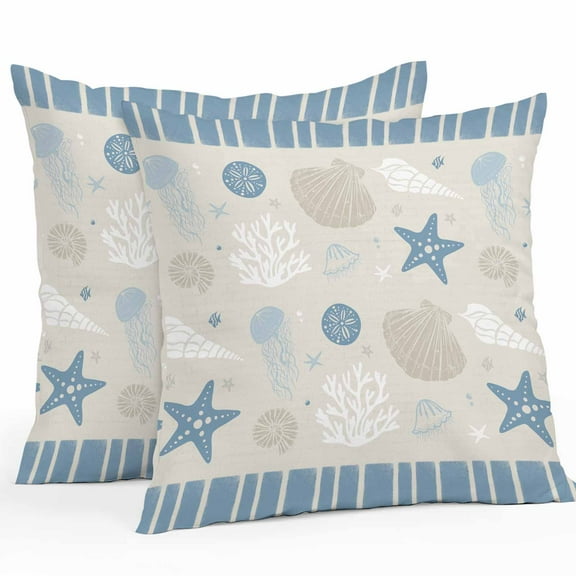 Outdoor Pillow Covers 18 x 18 Inches, Light Blue Coastal Waterproof Throw Pillow Cover Set of 2, Vintage Ocean Nautical Starfish Coral Striped Decorative Square Cushion Covers for Patio/Tent/Couch