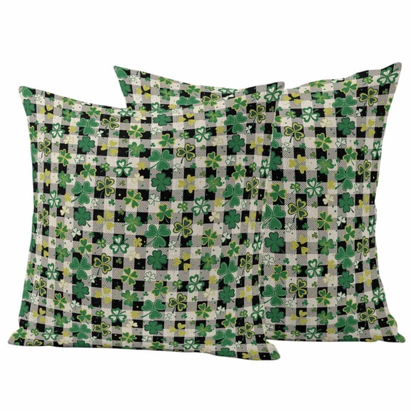 Outdoor Pillow Covers 18 x 18 Inches, St Patrick's Day Waterproof Throw Pillow Cover Set of 2, Lucky Shamrocks Farmhouse Retro Check Decorative Square Cushion Covers for Patio/Tent/Couch/Garden