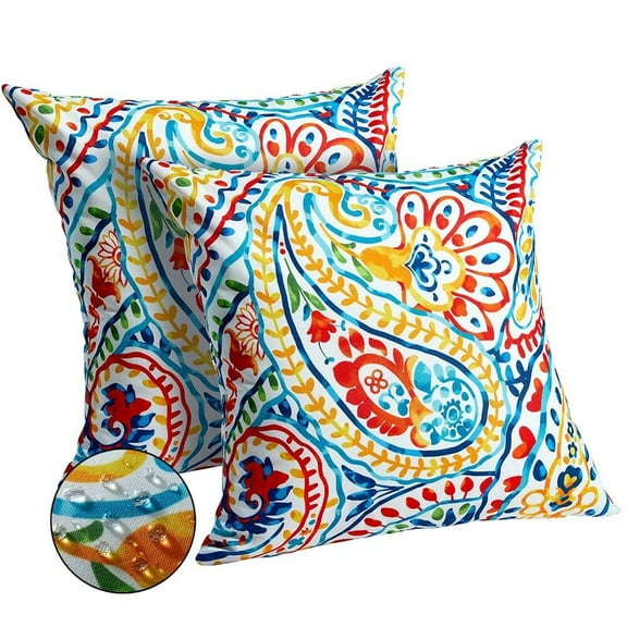 Outdoor Pillow Covers 18x18 Inch Set of 2 Colorful Paisley Decor Waterproof Throw Pillow Covers Farmhouse Outdoor Waterproof Pillow Covers Decor for Patio Funiture Garden Sofa Couch 7A