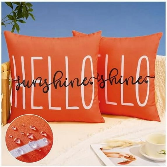 Outdoor Pillow Covers 18x18 Inch Set of 2 Hello Sunshine Decor Dirty Orange Waterproof Throw Pillow Covers Summer Outdoor Pillow Covers Decor for Patio Funiture Garden Sofa Couch1 020J18