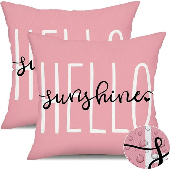 Outdoor Pillow Covers 18x18 Inch Set of 2 Hello Sunshine Decor Pink Waterproof Throw Pillow Covers Summer Outdoor Waterproof Pillow Covers Decor for Patio Funiture Garden Sofa Couch 020F