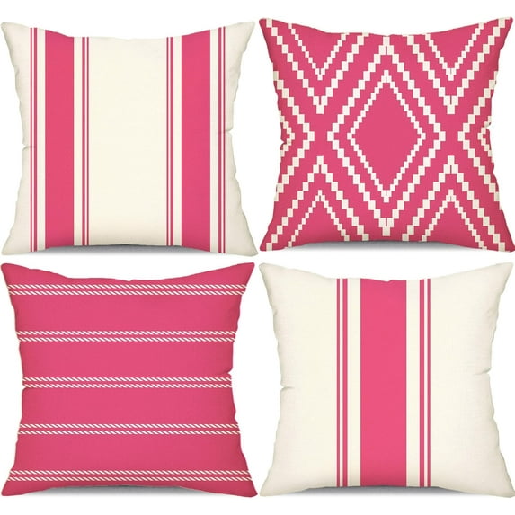 Outdoor Pillow Covers 18x18 Inch Set of 4 Hot Pink Waterproof Modern Geometry Throw Pillows Outdoor Summer Waterproof Decor for Patio Funiture Garden Polyester Cushion Covers 013L18