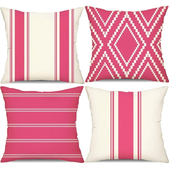 Outdoor Pillow Covers 18x18 Inch Set of 4 Hot Pink Waterproof Modern Geometry Throw Pillows Outdoor Summer Waterproof Decor for Patio Funiture Garden Polyester Cushion Covers 013L18