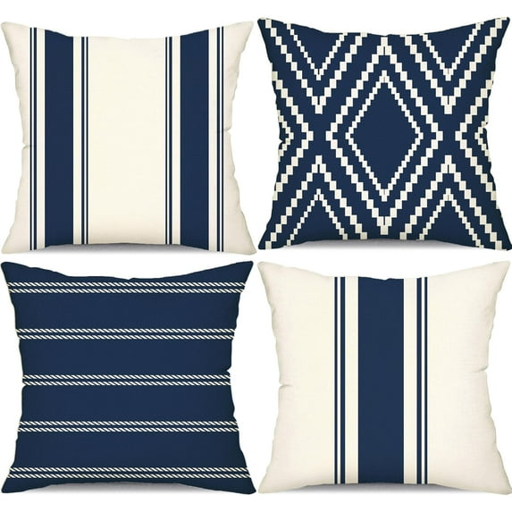 Outdoor Pillow Covers 18x18 Inch Set of 4 Navy Blue Waterproof Modern Geometry Throw Pillows Outdoor Summer Waterproof Decor for Patio Funiture Garden Polyester Cushion Covers 013N18