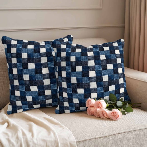 Outdoor Pillow Covers 18x18 Pack of 2, Retro Blue Black Buffalo Check Decorative Pillow Cover Waterproof Pillowcase, Checkered Plaid Seamless Farmhouse Cushion Covers for Garden Patio Sofa Couch