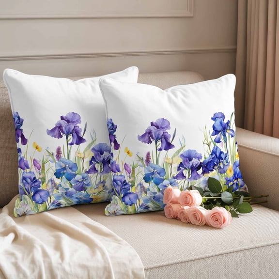 Outdoor Pillow Covers 18x18 Pack of 2, Watercolor Garden Spring Flower Iris Decorative Pillow Cover Waterproof Pillowcase, Blossom Floral on White Farmhouse Cushion Covers for Garden Patio Sofa Couch