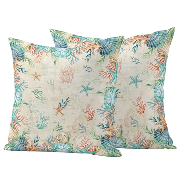 Outdoor Pillow Covers 18x18 Set of 2, Beach Coastal Waterproof Patio Throw Pillow Covers for Couch Sofa Chair, Summer Coral Starfish Nautical Ocean Vintage Decorative Pillowcases for Throw Pillows