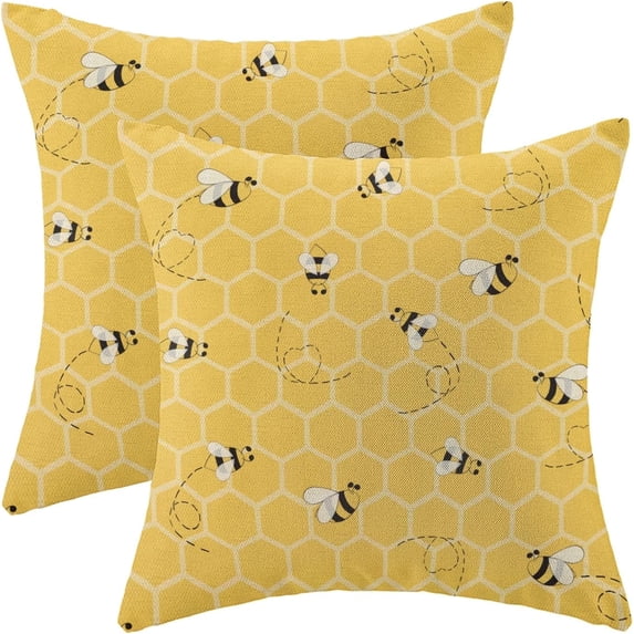 Outdoor Pillow Covers 18x18 Set of 2, Bee Kind Decorative Summer Throw Pillow Covers Linen Yellow Farmhouse Cushion Pillow Covers for Sofa Couch Outdoor Decor