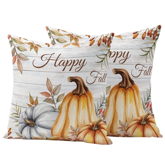 Outdoor Pillow Covers 18x18 Set of 2, Fall Pumpkin Waterproof Patio Throw Pillow Covers for Couch Sofa Chair, Thanksgiving Flower Leaf Farmhouse Wood Grain Decorative Pillowcases for Throw Pillows