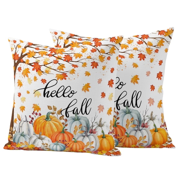 Outdoor Pillow Covers 18x18 Set of 2, Thanksgiving Waterproof Patio Throw Pillow Covers for Couch Sofa Chair, Fall Maple Leaf Orange White Pumpkin Decorative Pillowcases for Throw Pillows
