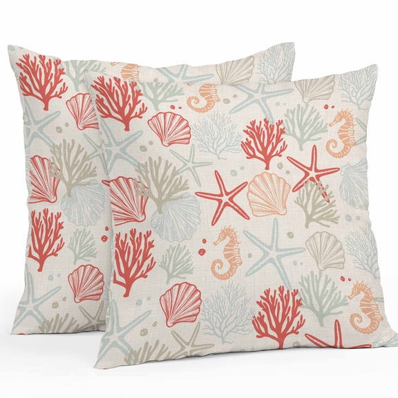 Outdoor Pillow Covers 20 x 20 Inches, Orange Red Coastal Waterproof Throw Pillow Cover Set of 2, Ocean Coral Starfish Shell Seahorse Decorative Square Cushion Covers for Patio/Tent/Couch/Garden