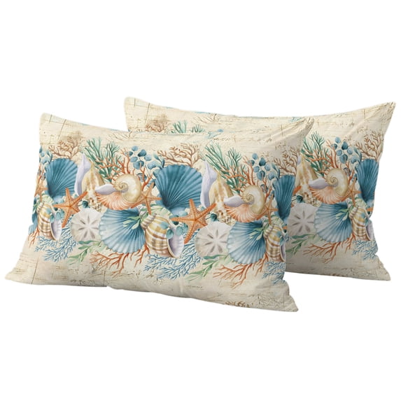 Outdoor Pillow Covers 20x12 Set of 2, Beach Coastal Beige Waterproof Patio Throw Pillow Covers for Couch Sofa Chair, Nautical Shell Starfish Coral Summer Decorative Pillowcases for Throw Pillows