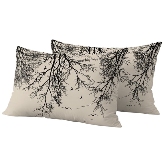 Outdoor Pillow Covers 20x12 Set of 2, Beige Black Branches Waterproof Patio Throw Pillow Covers for Couch Sofa Chair, Botanical Dead Tree Birds Decorative Pillowcases for Throw Pillows