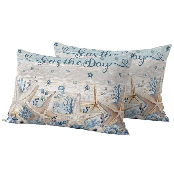 Outdoor Pillow Covers 20x12 Set of 2, Blue Beige Starfish Coastal Waterproof Patio Throw Pillow Covers for Couch Sofa Chair, Nautical Summer Beach Ocean Decorative Pillowcases for Throw Pillows