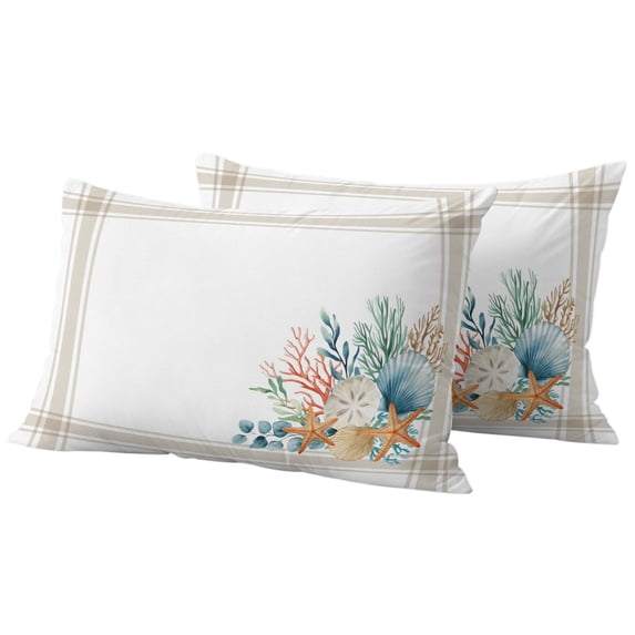 Outdoor Pillow Covers 20x12 Set of 2, Coastal Starfish Waterproof Patio Throw Pillow Covers for Couch Sofa Chair, Nautical Shells Coral Eucalyptus Stripes Decorative Pillowcases for Throw Pillows