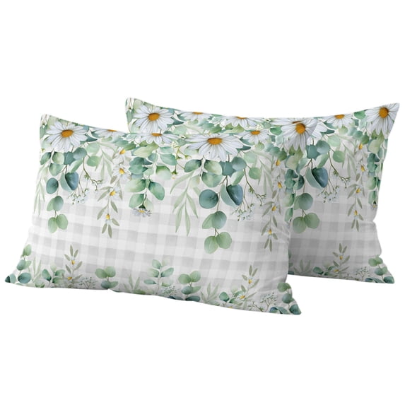 Outdoor Pillow Covers 20x12 Set of 2, Eucalyptus Leaves Waterproof Patio Throw Pillow Covers for Couch Sofa Chair, Spring Daily Flowers Plants Gray Plaid Decorative Pillowcases for Throw Pillows