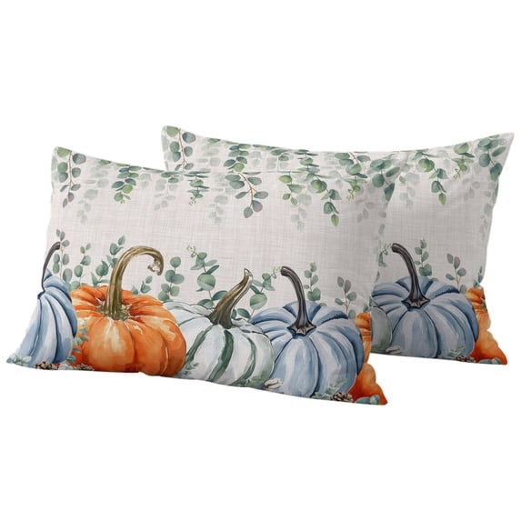 Outdoor Pillow Covers 20x12 Set of 2, Fall Waterproof Patio Throw Pillow Covers for Couch Sofa Chair, Orange Blue Pumpkins Thanksgiving Green Eucalyptus Leaf Decorative Pillowcases for Throw Pillows